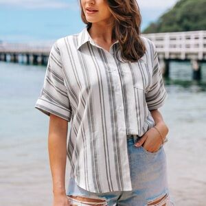 Cupshe Casual Loose-Fit Striped Shirt - Medium - White & Gray